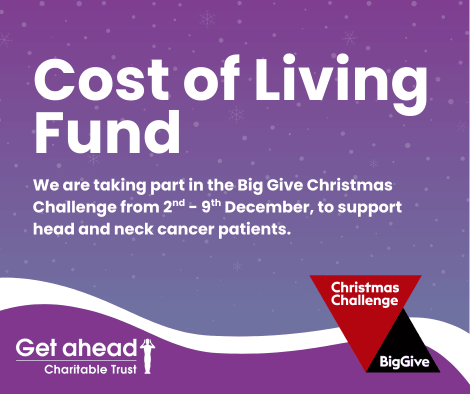 Purple background, with words Cost of Living Fund and explanation, and logos